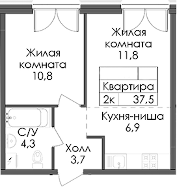 1-комнатная квартира 37.5 м², 7/9 эт., ЖК «Лермонтовский 54»